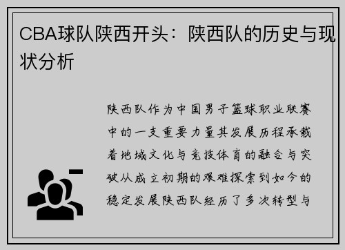 CBA球队陕西开头：陕西队的历史与现状分析