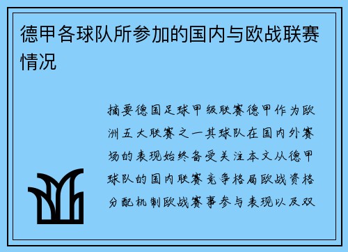 德甲各球队所参加的国内与欧战联赛情况