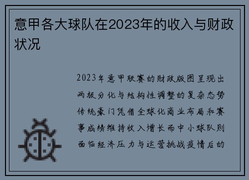 意甲各大球队在2023年的收入与财政状况